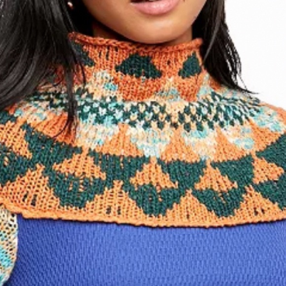 FREE PEOPLE CROCHET TURTLENECK SWEATER IN NAVY COMBO LONG PUFF SLEEVES - Picture 2 of 16